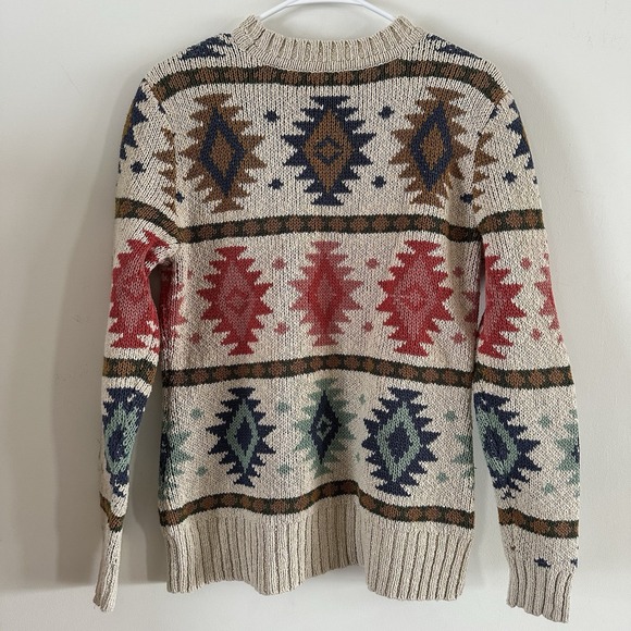 L.L. Bean Aztec Pattern Sweater Women's Large Beige Chunky Knit Cotton Tribal - Picture 2 of 9